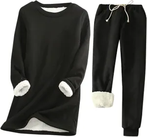 Womens 2 Piece Lounge Sets Fleece Lined Loungewear Pajama Set Fuzzy Sherpa Sweatshirt Jogger Pants Fall Sweatsuit Set