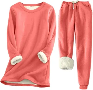 Womens 2 Piece Lounge Sets Fleece Lined Loungewear Pajama Set Fuzzy Sherpa Sweatshirt Jogger Pants Fall Sweatsuit Set
