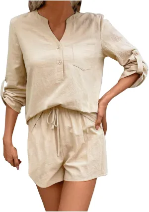 Women's 2 Piece Outfits V Neck Puff Sleeve Tops Short Set Lounge Matching Sets 2023 Trendy Beach Clothes with Belt