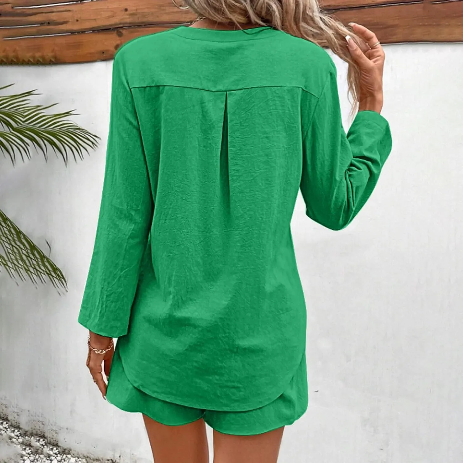 Women's 2 Piece Outfits V Neck Puff Sleeve Tops Short Set Lounge Matching Sets 2023 Trendy Beach Clothes with Belt