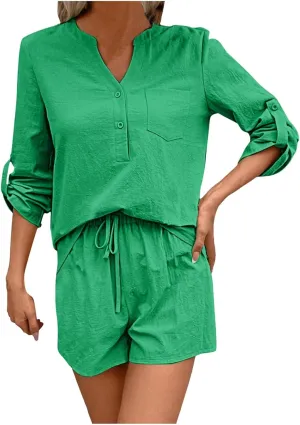 Women's 2 Piece Outfits V Neck Puff Sleeve Tops Short Set Lounge Matching Sets 2023 Trendy Beach Clothes with Belt