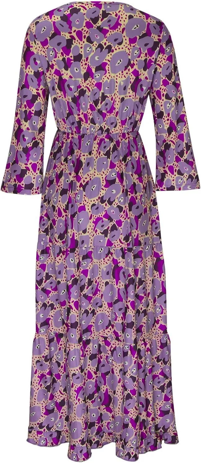 Womens 3/4 Sleeve Casual Boho A-Line Dress Frill Trim V Neck Maxi Dress Plus Size Fashion High Waist Beach Dresses