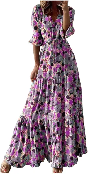 Womens 3/4 Sleeve Casual Boho A-Line Dress Frill Trim V Neck Maxi Dress Plus Size Fashion High Waist Beach Dresses