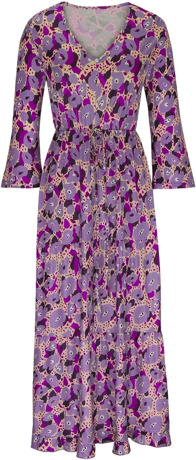Womens 3/4 Sleeve Casual Boho A-Line Dress Frill Trim V Neck Maxi Dress Plus Size Fashion High Waist Beach Dresses