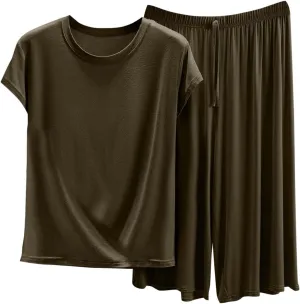 Women's Basic Capri Pants Modal Lounge Sets 2 Piece Pajamas with Short Sleeve Crewneck T Shirts Soft Cozy Sleepwear