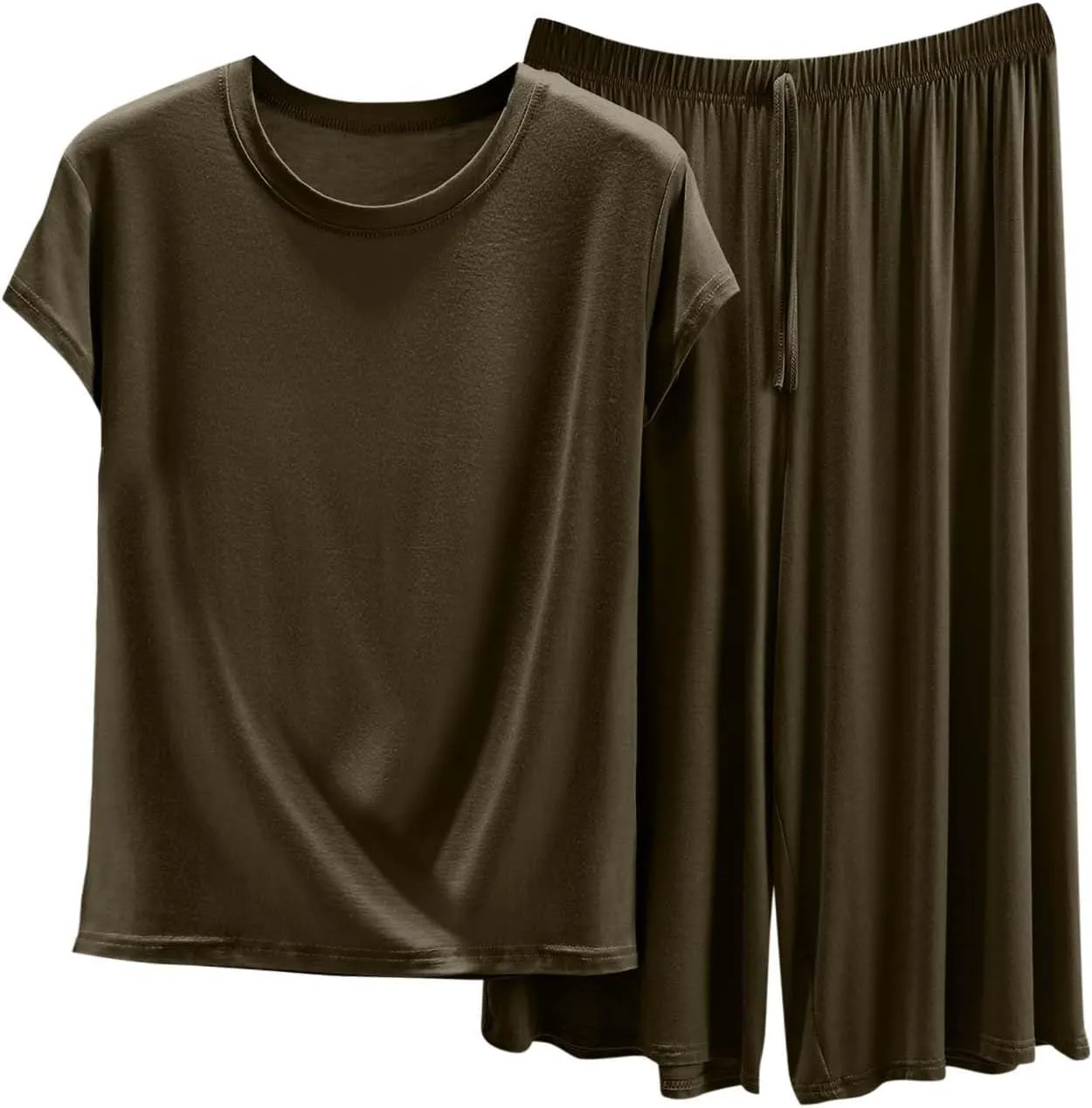 Women's Basic Capri Pants Modal Lounge Sets 2 Piece Pajamas with Short Sleeve Crewneck T Shirts Soft Cozy Sleepwear