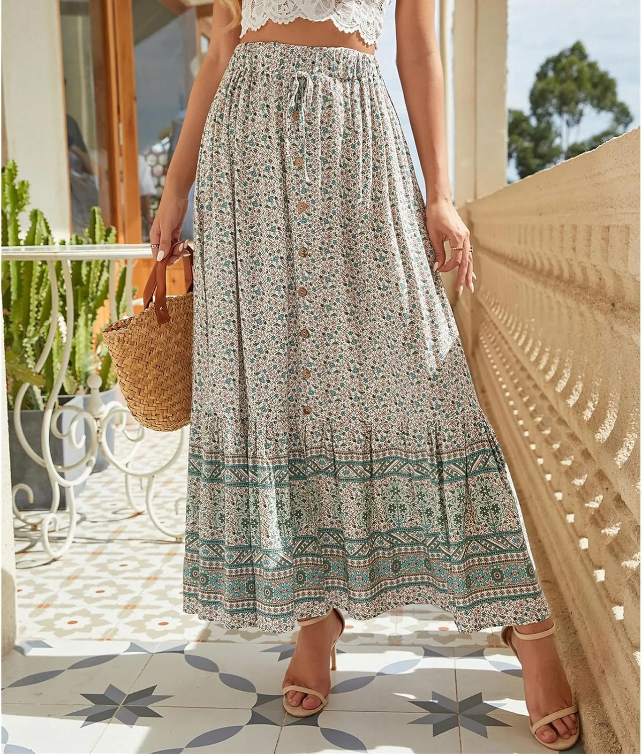 Womens Boho Floral Print Maxi Skirts Elastic High Waist Pleated A Line Maxi Skirt Botton Long Beach Skirt