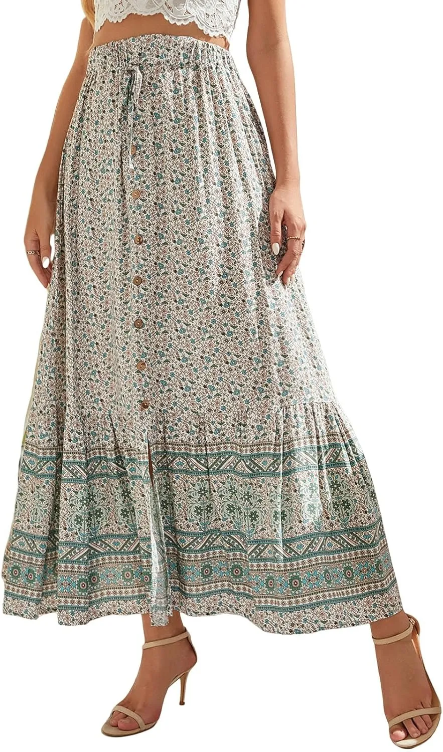Womens Boho Floral Print Maxi Skirts Elastic High Waist Pleated A Line Maxi Skirt Botton Long Beach Skirt