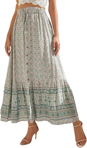 Womens Boho Floral Print Maxi Skirts Elastic High Waist Pleated A Line Maxi Skirt Botton Long Beach Skirt