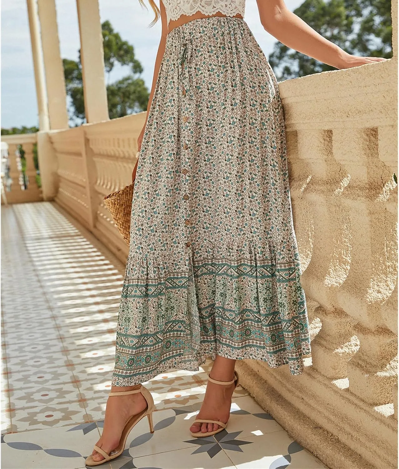 Womens Boho Floral Print Maxi Skirts Elastic High Waist Pleated A Line Maxi Skirt Botton Long Beach Skirt