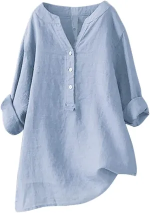 Women's Button Down Shirts Plain Long Sleeve Linen Summer Casual Oversized Blouse Tops Loose Fit Tee Tops