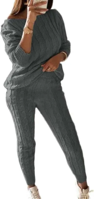 Women's Cable Knitted Sweater 2 Pieces Outfits Long Sleeve Pullover Tops Long Pants Lounge Sets Autumn Winter