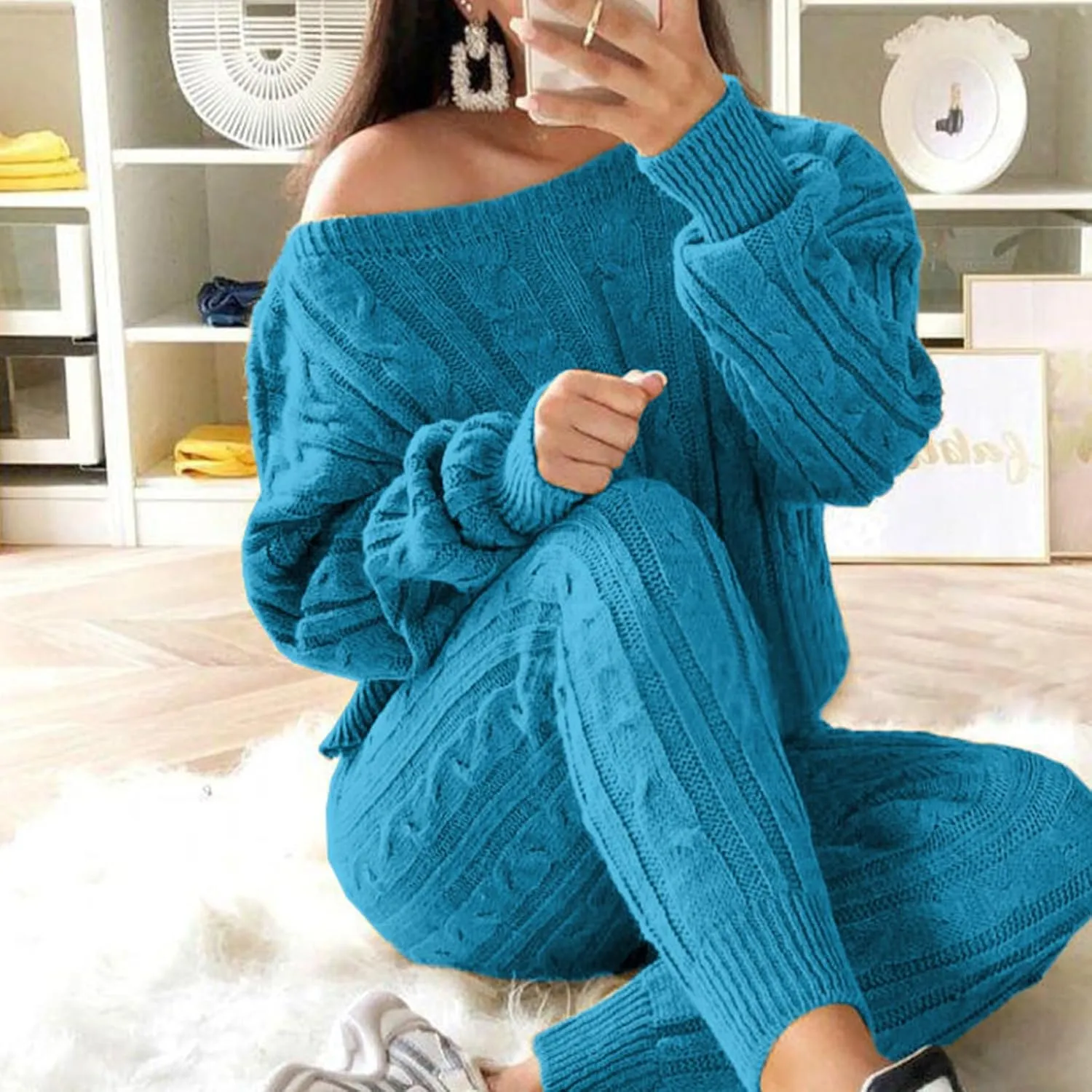 Women's Cable Knitted Sweater 2 Pieces Outfits Long Sleeve Pullover Tops Long Pants Lounge Sets Autumn Winter