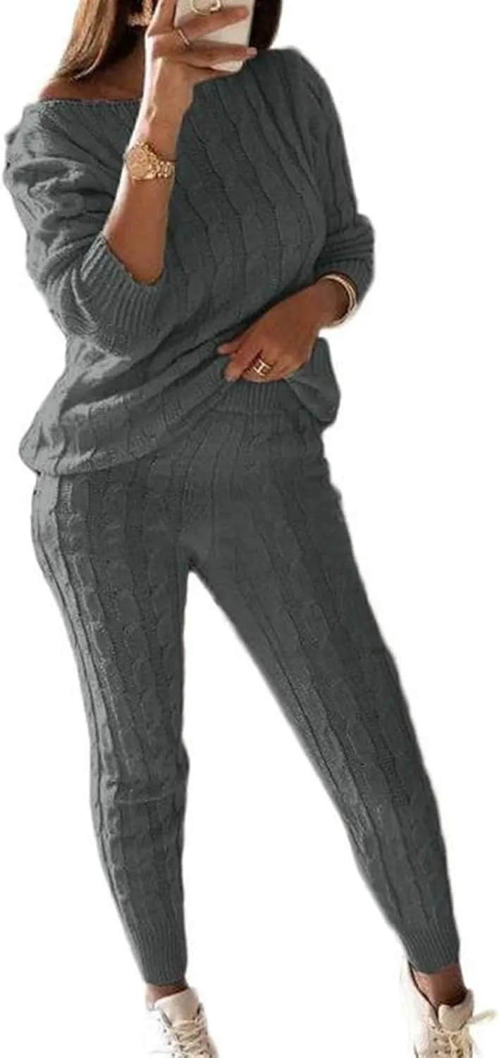 Women's Cable Knitted Sweater 2 Pieces Outfits Long Sleeve Pullover Tops Long Pants Lounge Sets Autumn Winter