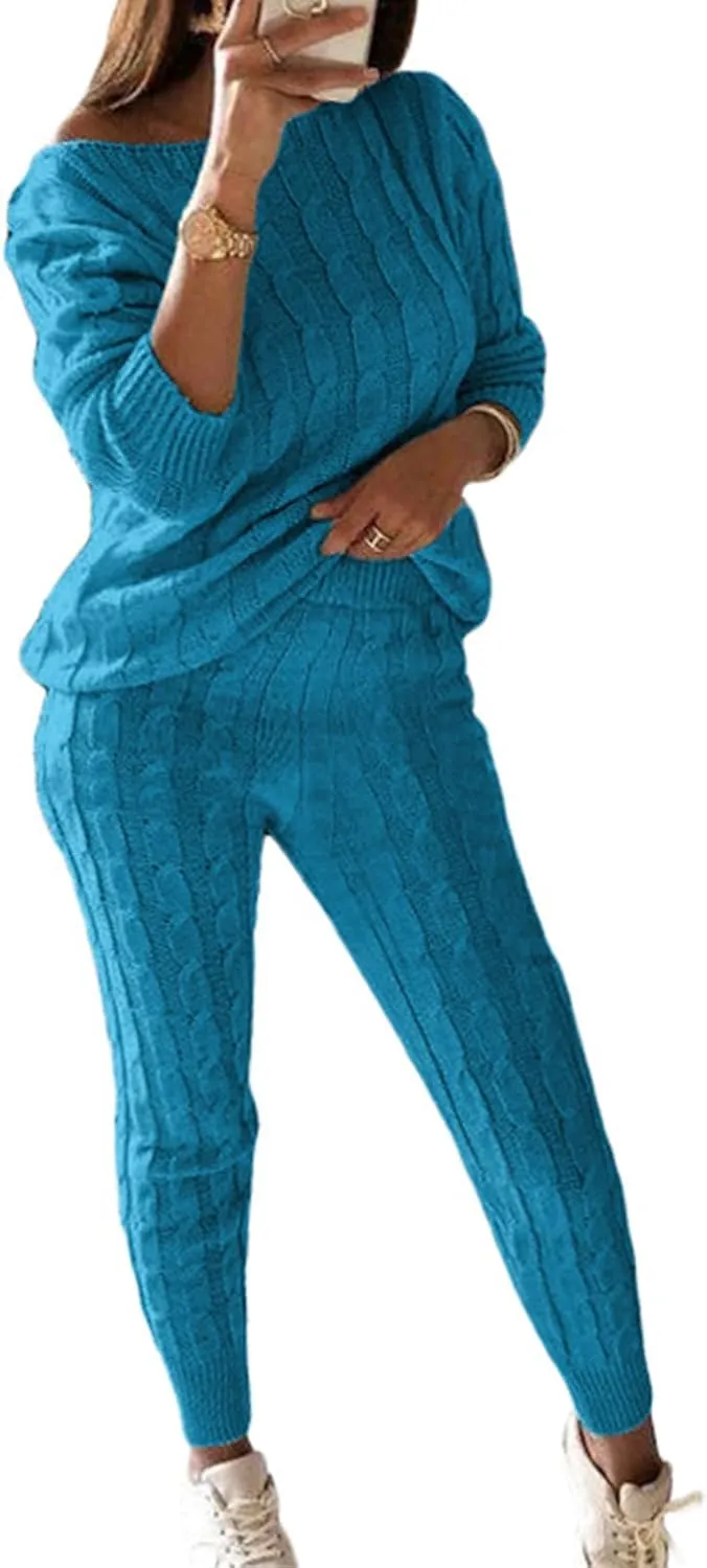 Women's Cable Knitted Sweater 2 Pieces Outfits Long Sleeve Pullover Tops Long Pants Lounge Sets Autumn Winter