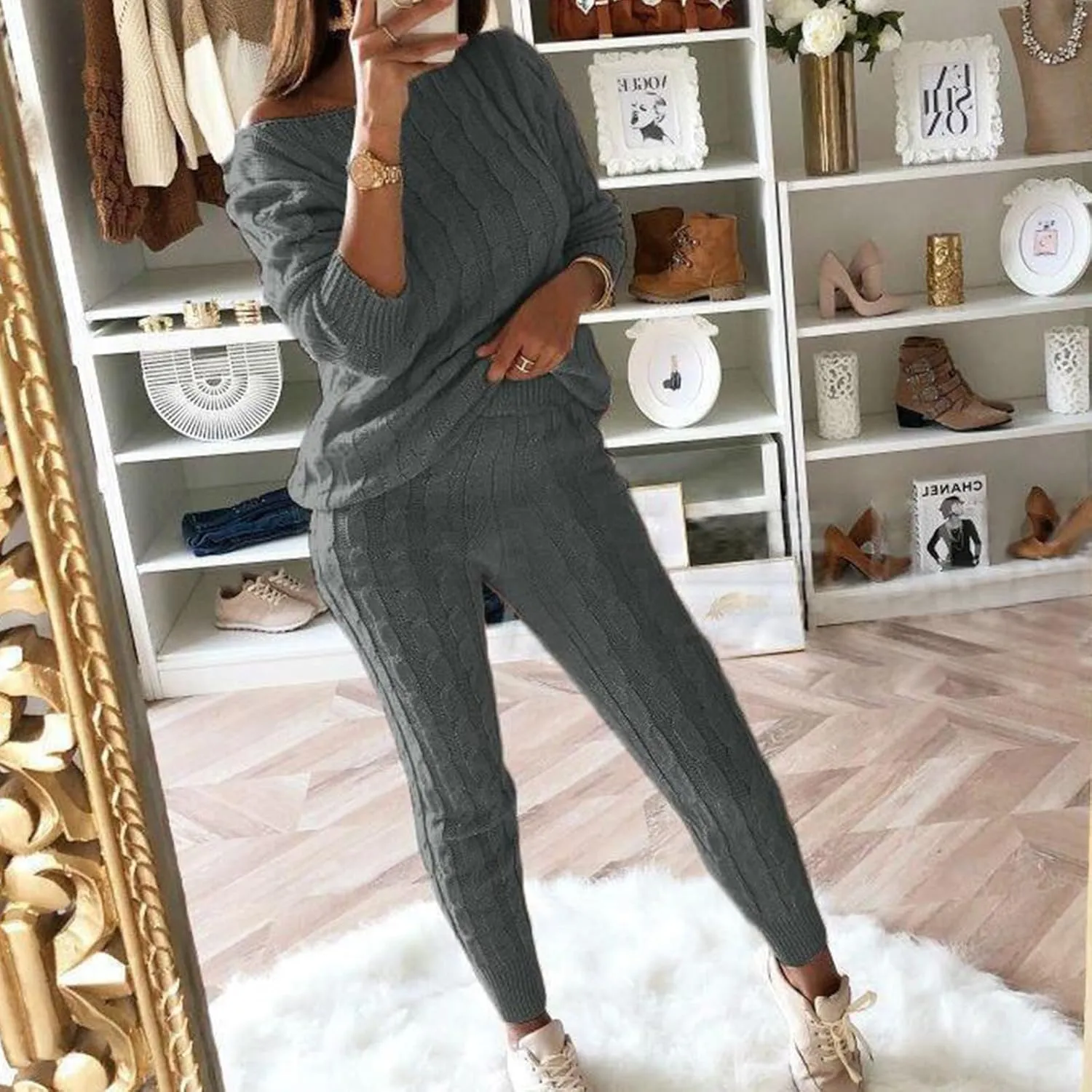 Women's Cable Knitted Sweater 2 Pieces Outfits Long Sleeve Pullover Tops Long Pants Lounge Sets Autumn Winter