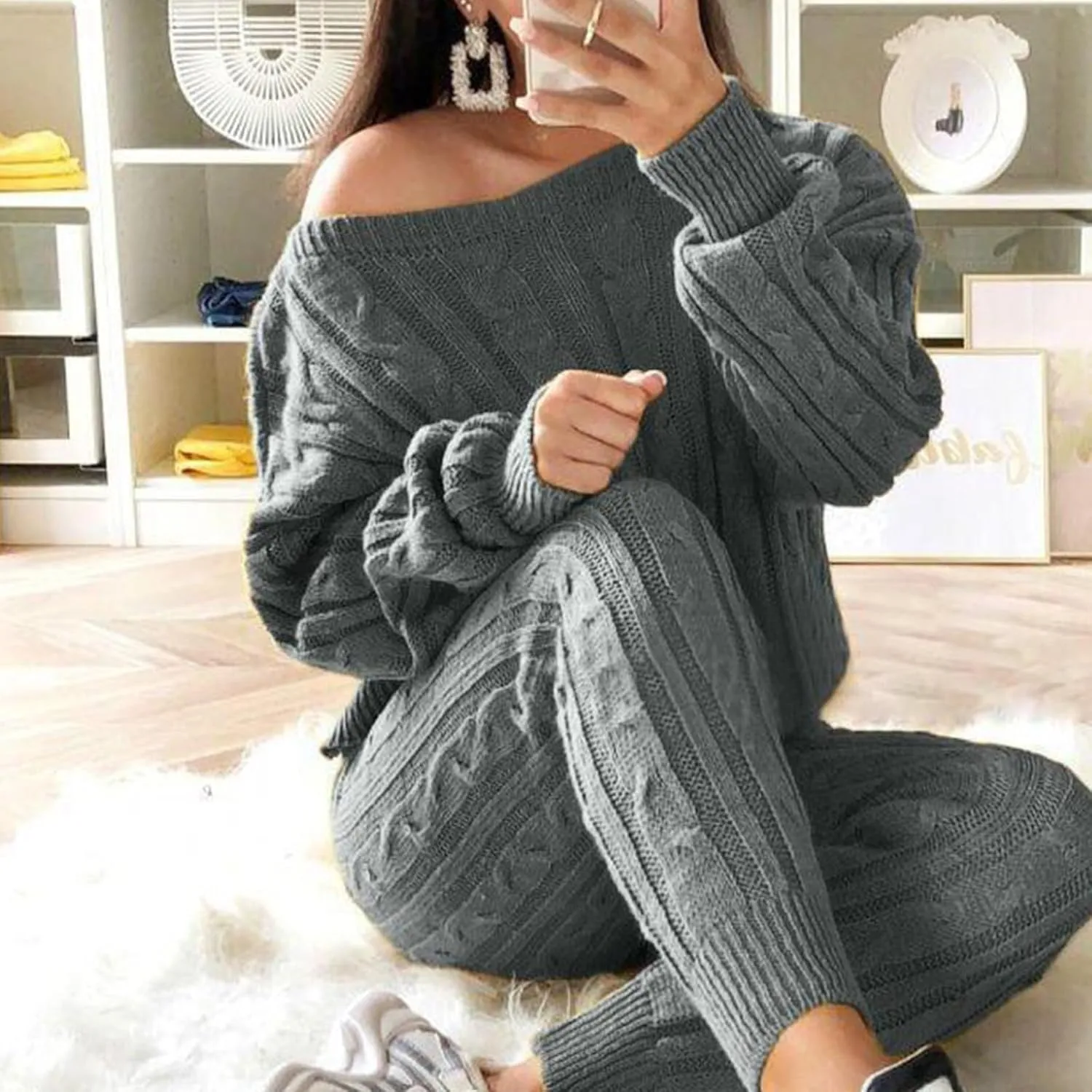 Women's Cable Knitted Sweater 2 Pieces Outfits Long Sleeve Pullover Tops Long Pants Lounge Sets Autumn Winter