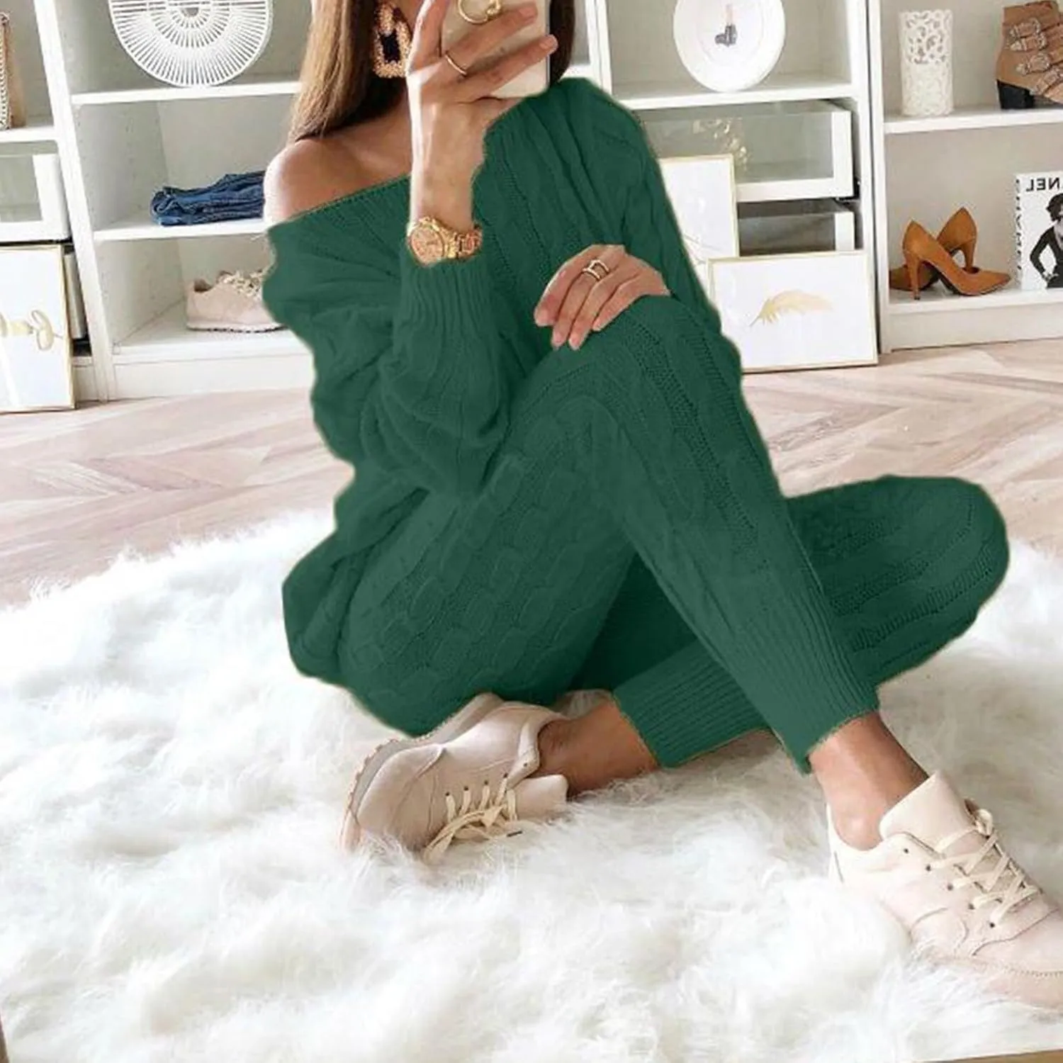 Women's Cable Knitted Sweater 2 Pieces Outfits Long Sleeve Pullover Tops Long Pants Lounge Sets Autumn Winter