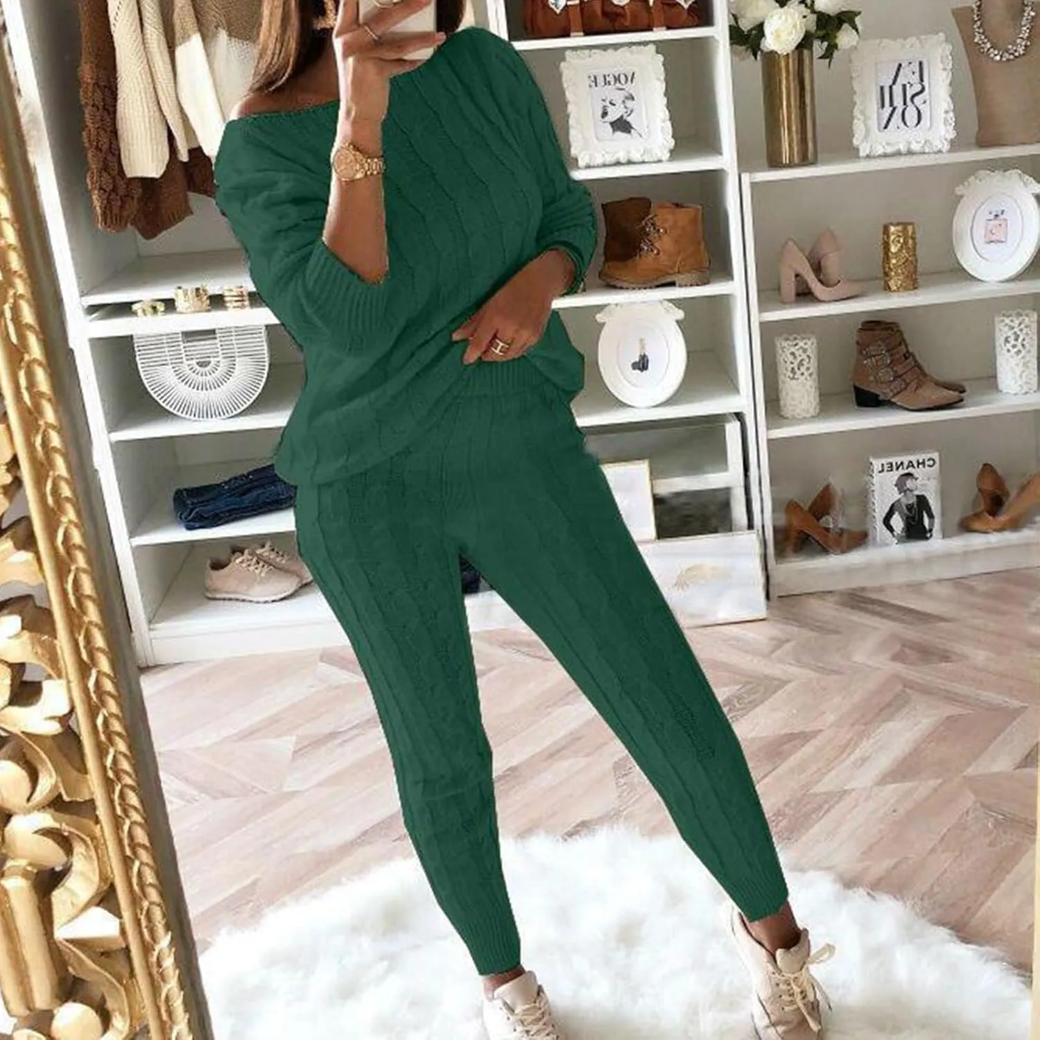 Women's Cable Knitted Sweater 2 Pieces Outfits Long Sleeve Pullover Tops Long Pants Lounge Sets Autumn Winter