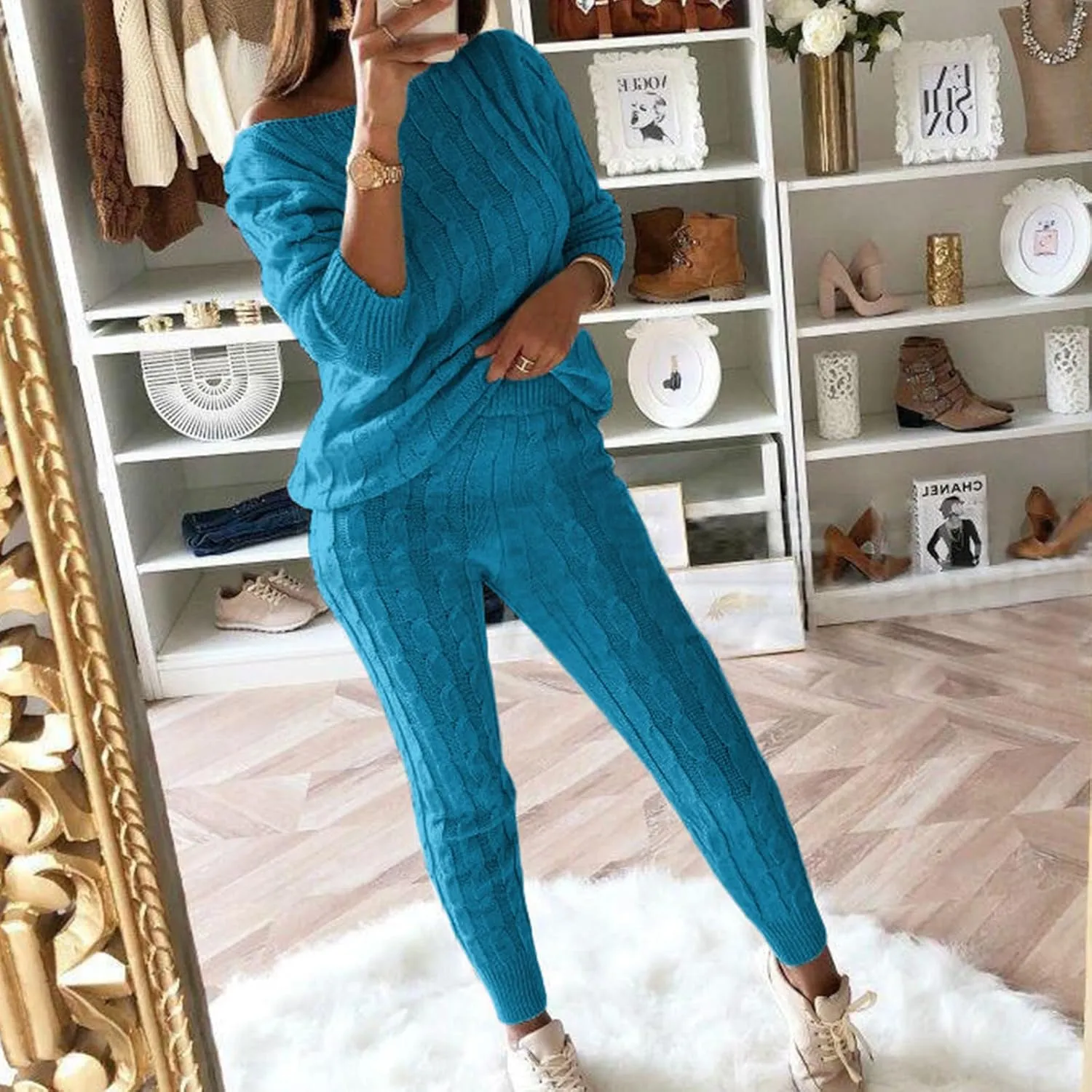 Women's Cable Knitted Sweater 2 Pieces Outfits Long Sleeve Pullover Tops Long Pants Lounge Sets Autumn Winter