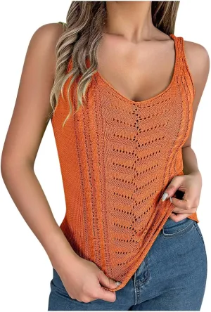 Womens Camisole Tank Tops Boho Summer Knit Tanks Loose Fit Trendy Sleeveless Vest Hollow Out Scoop Neck Pullover