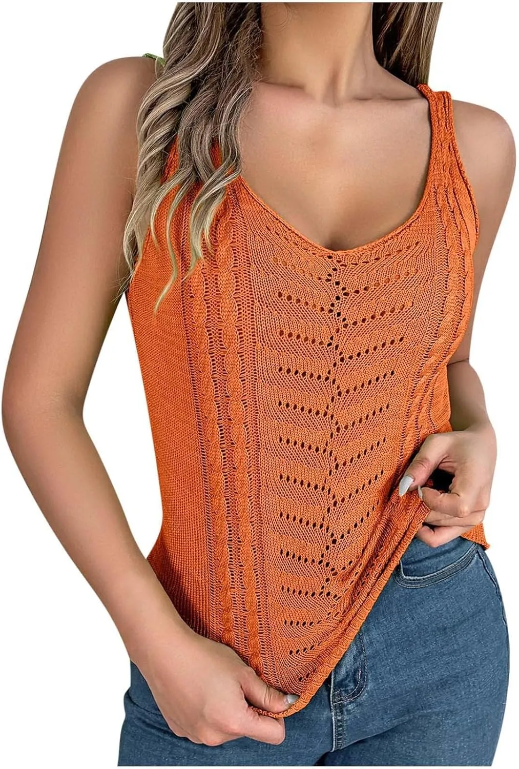 Womens Camisole Tank Tops Boho Summer Knit Tanks Loose Fit Trendy Sleeveless Vest Hollow Out Scoop Neck Pullover