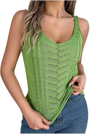 Womens Camisole Tank Tops Boho Summer Knit Tanks Loose Fit Trendy Sleeveless Vest Hollow Out Scoop Neck Pullover