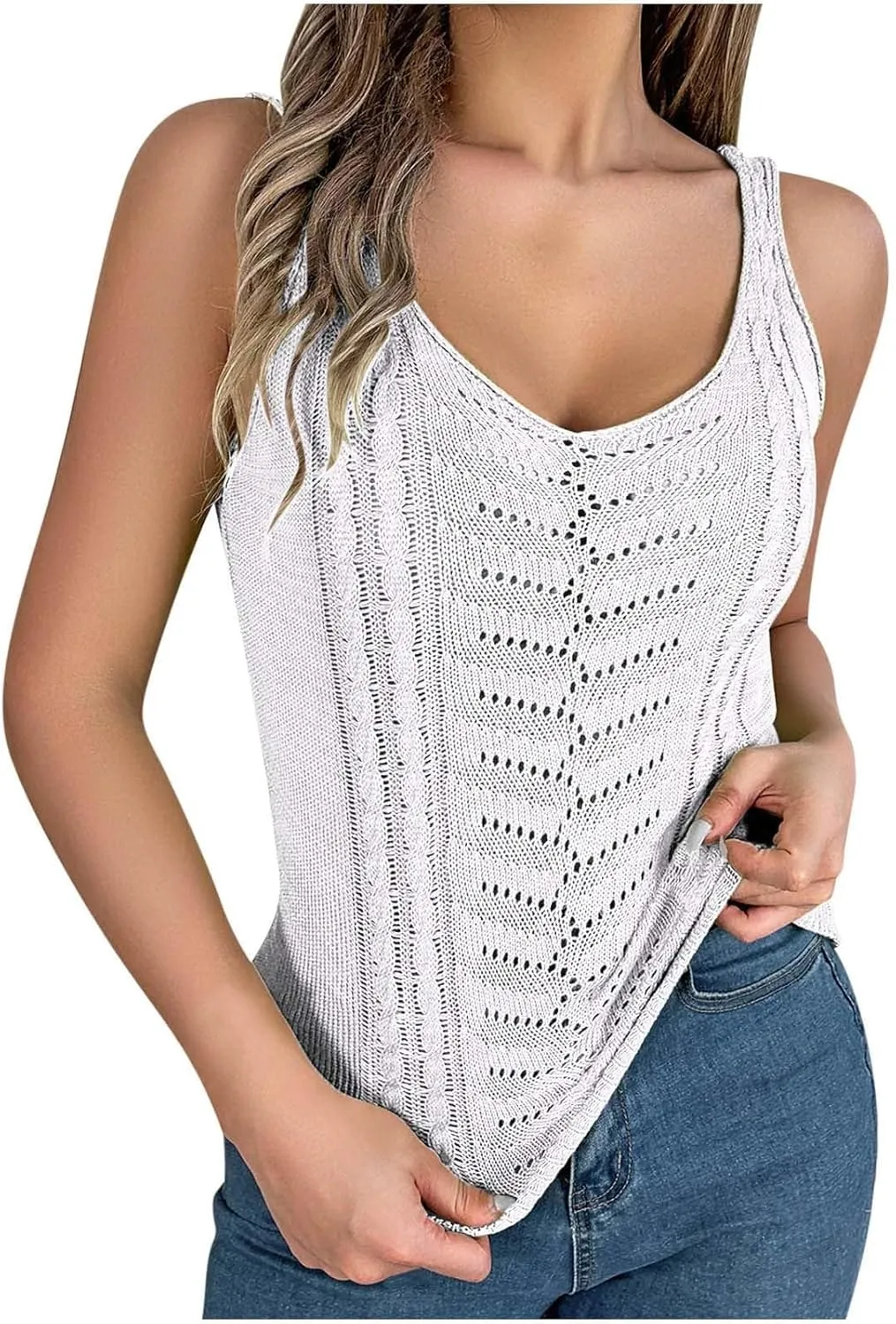 Womens Camisole Tank Tops Boho Summer Knit Tanks Loose Fit Trendy Sleeveless Vest Hollow Out Scoop Neck Pullover