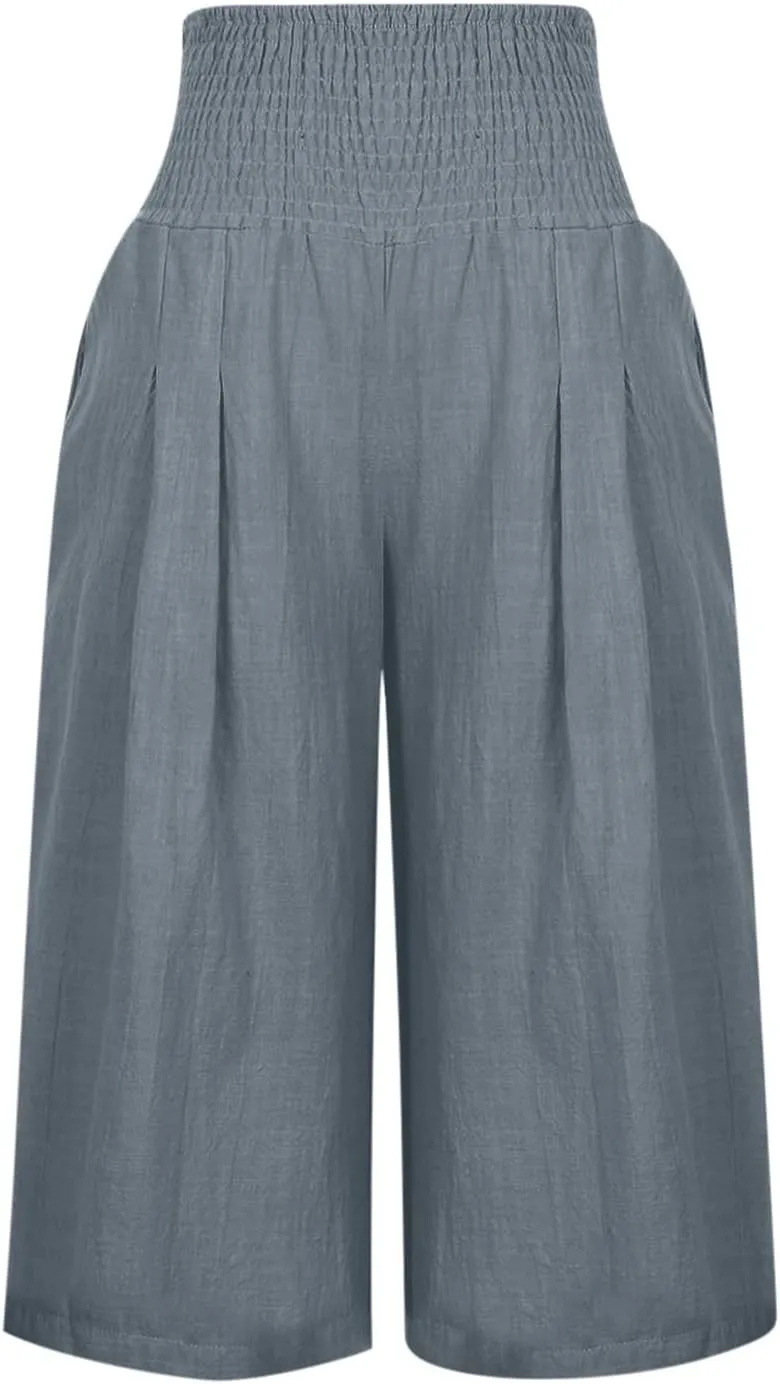 Womens Capri Pants Casual Summer Linen Pants Loose Wide Leg Pants High Waist Straight Pants Business Casual Pants