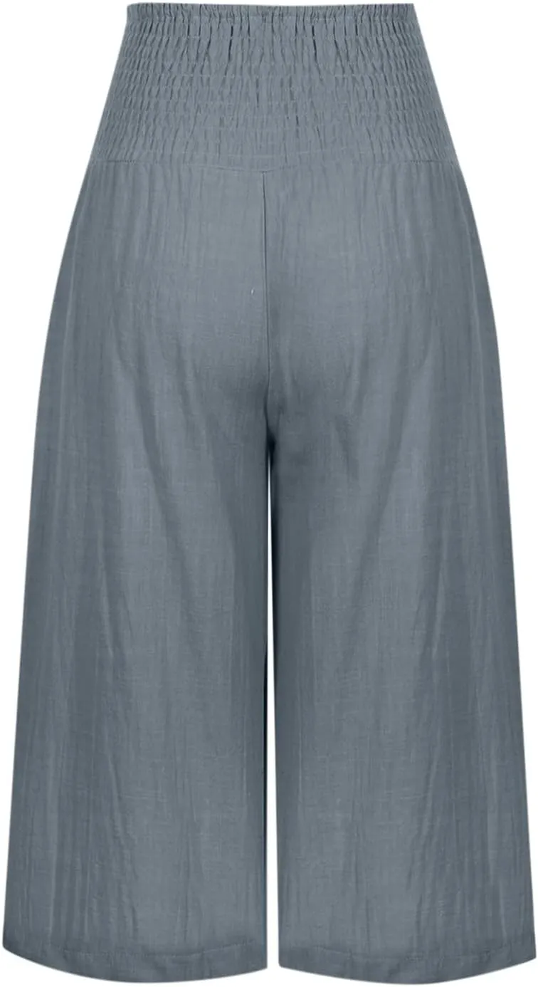 Womens Capri Pants Casual Summer Linen Pants Loose Wide Leg Pants High Waist Straight Pants Business Casual Pants