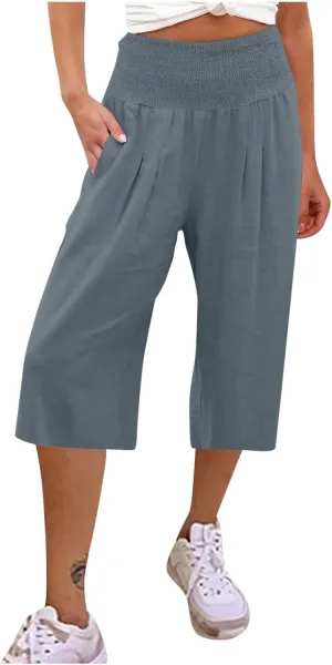 Womens Capri Pants Casual Summer Linen Pants Loose Wide Leg Pants High Waist Straight Pants Business Casual Pants