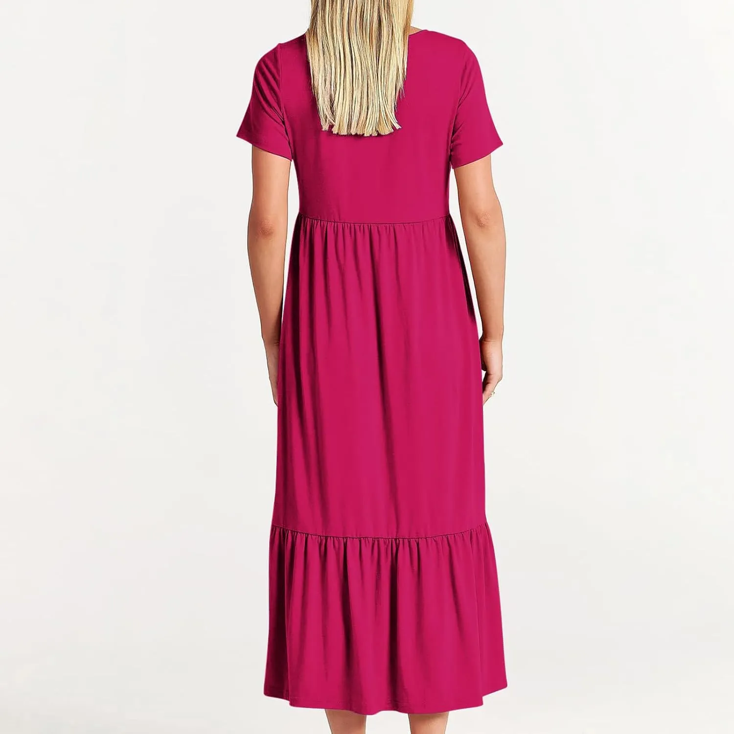 Women's Casual Elegant Long Dresses Summer Short Sleeve Crewneck Dress Flowy Tiered Maxi Beach Dress with Pockets