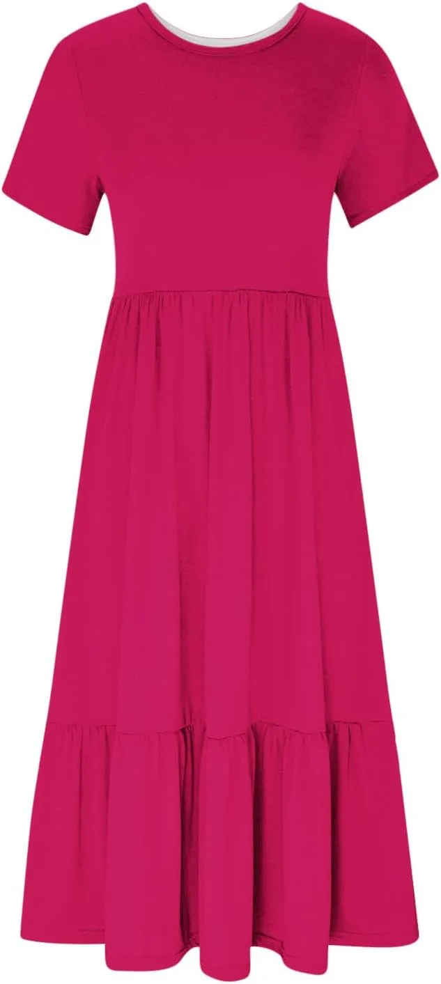Women's Casual Elegant Long Dresses Summer Short Sleeve Crewneck Dress Flowy Tiered Maxi Beach Dress with Pockets