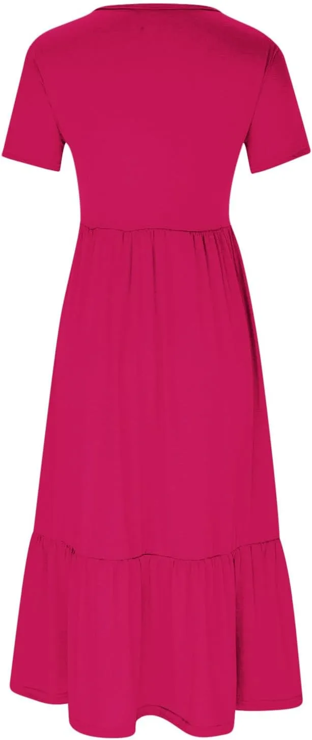 Women's Casual Elegant Long Dresses Summer Short Sleeve Crewneck Dress Flowy Tiered Maxi Beach Dress with Pockets