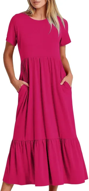 Women's Casual Elegant Long Dresses Summer Short Sleeve Crewneck Dress Flowy Tiered Maxi Beach Dress with Pockets