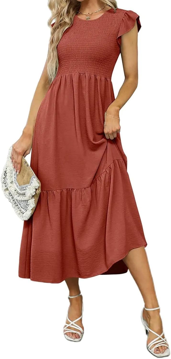 Women's Casual Maxi Dresses Ruffle Sleeve Crew Neck Long Dress Elegant Empire Waist Wedding Dresses Tiered A-Line Dress