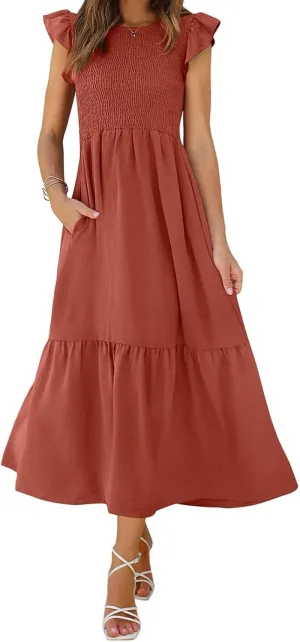 Women's Casual Maxi Dresses Ruffle Sleeve Crew Neck Long Dress Elegant Empire Waist Wedding Dresses Tiered A-Line Dress