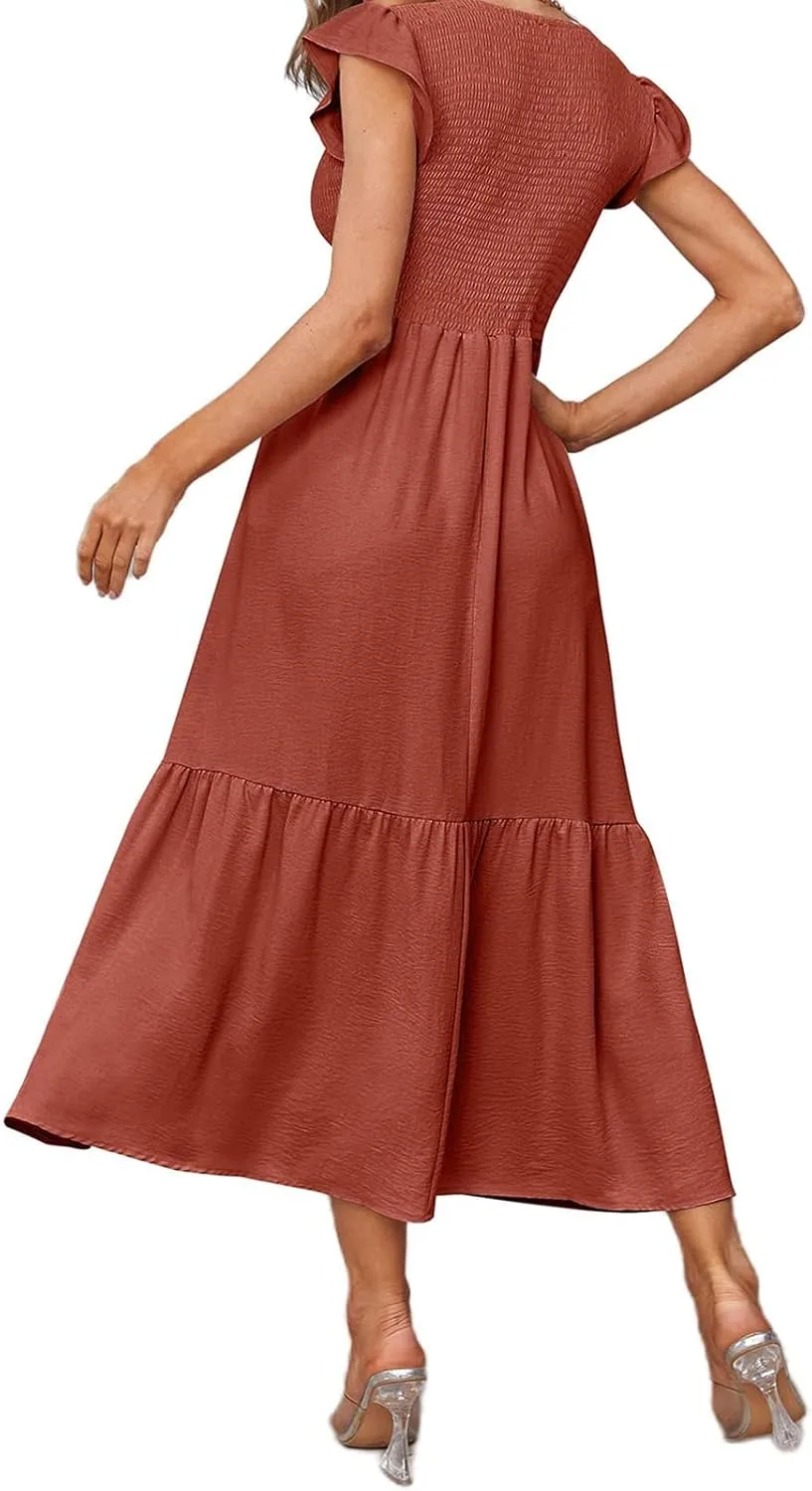 Women's Casual Maxi Dresses Ruffle Sleeve Crew Neck Long Dress Elegant Empire Waist Wedding Dresses Tiered A-Line Dress