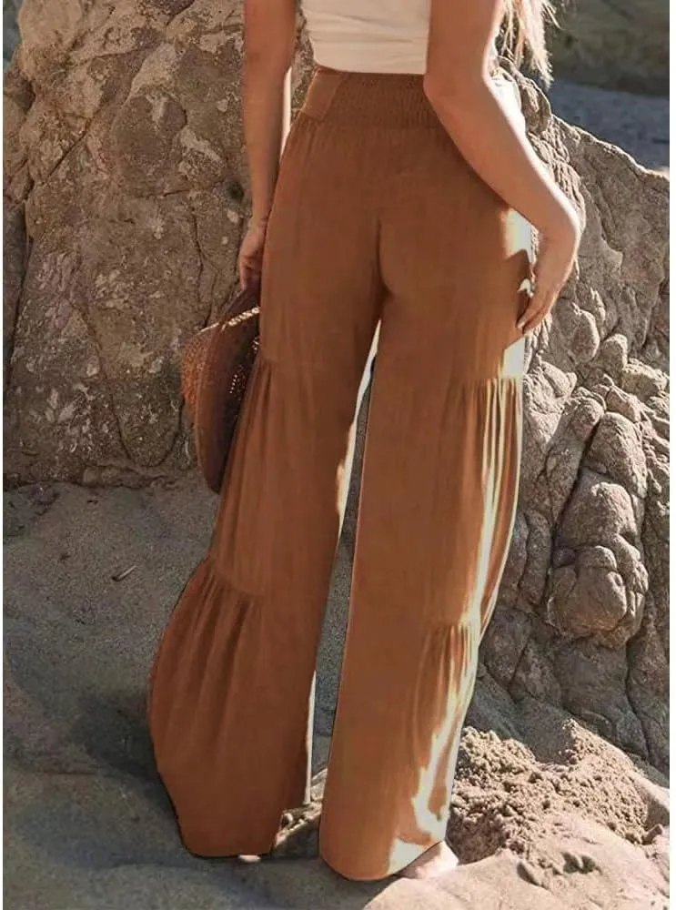 Womens Cotton Linen Wide Leg Flare Pants Fashion Belted High Waisted Layered Smocked Ruffled Solid Lounge Trousers
