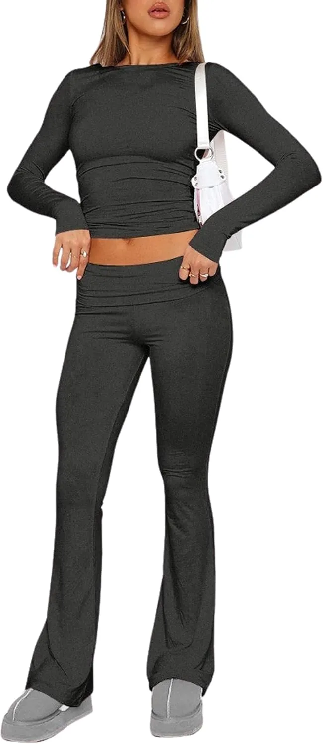 Women's Cotton Lounge Flared Legging Set Two Piece Outfits Basic Long Sleeve Crop Tops Low Rise Fold Over Yoga Pants