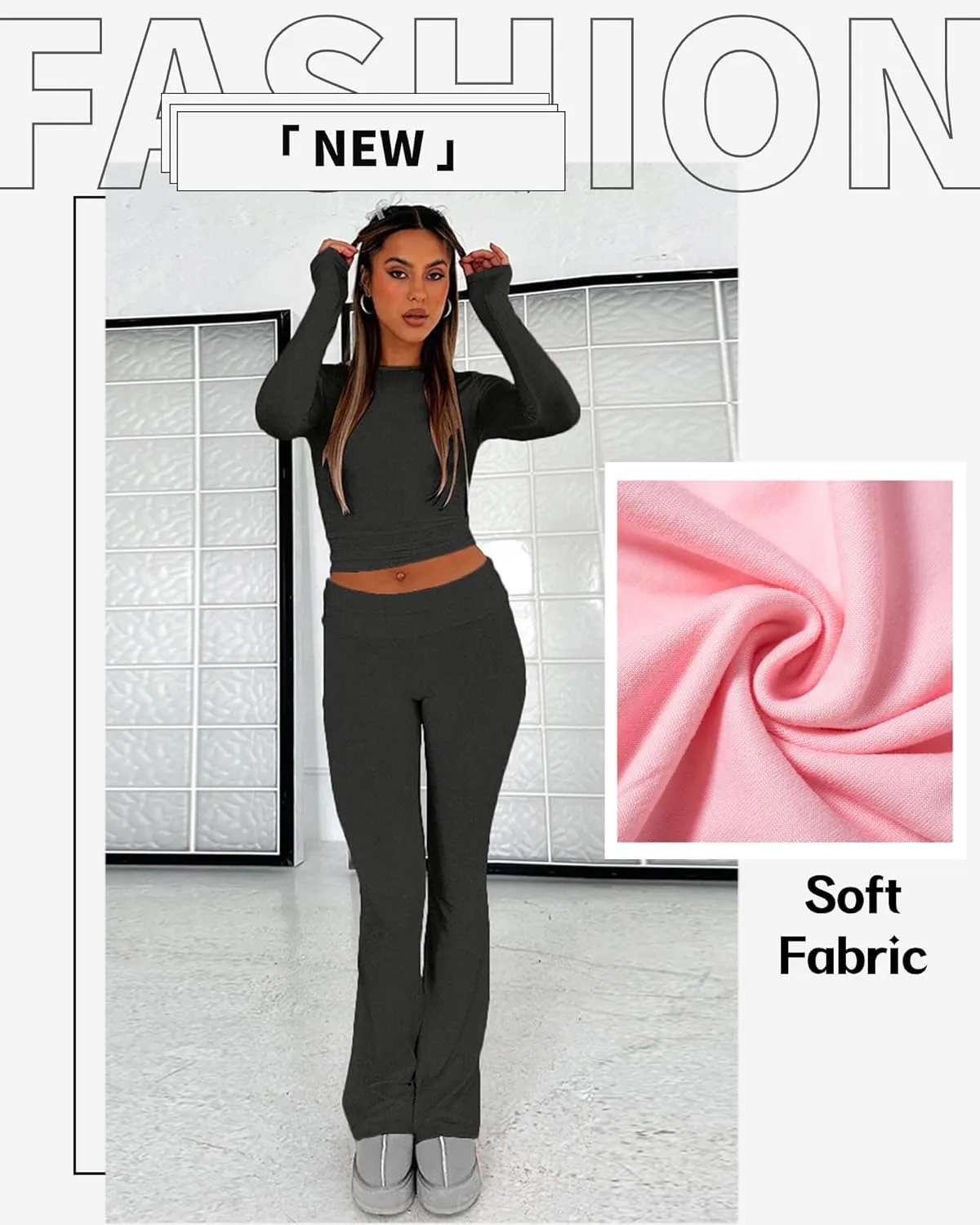 Women's Cotton Lounge Flared Legging Set Two Piece Outfits Basic Long Sleeve Crop Tops Low Rise Fold Over Yoga Pants