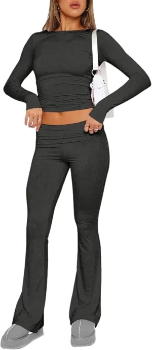 Women's Cotton Lounge Flared Legging Set Two Piece Outfits Basic Long Sleeve Crop Tops Low Rise Fold Over Yoga Pants