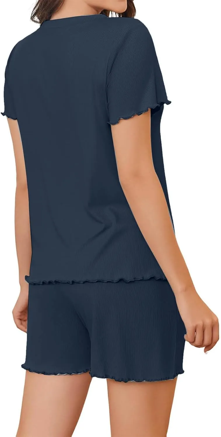 Women's Crewneck Ribbed Knit Top and Shorts Pajama Set Sleepwear Lounge Sets Summer Casual 2 Piece Pajama Sets