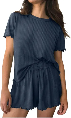 Women's Crewneck Ribbed Knit Top and Shorts Pajama Set Sleepwear Lounge Sets Summer Casual 2 Piece Pajama Sets