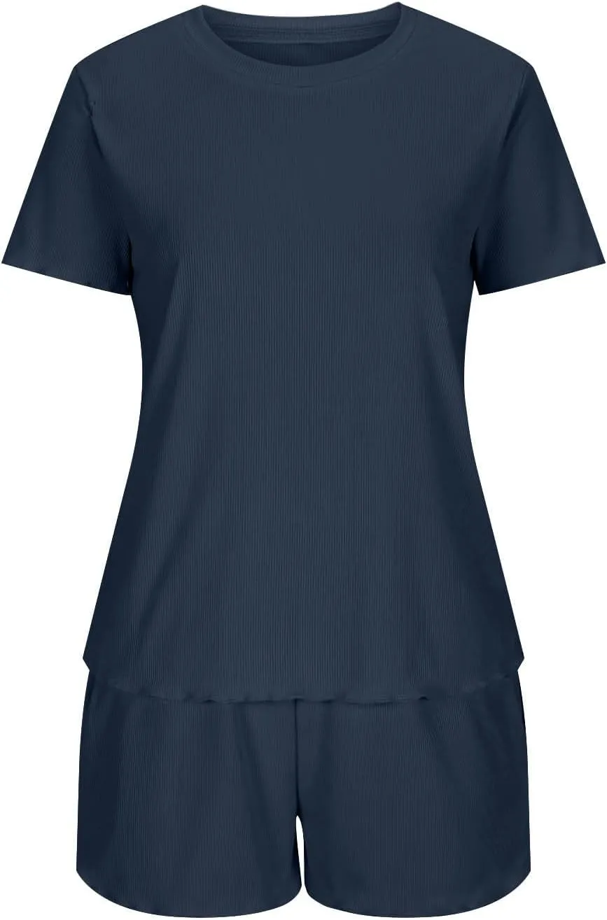Women's Crewneck Ribbed Knit Top and Shorts Pajama Set Sleepwear Lounge Sets Summer Casual 2 Piece Pajama Sets
