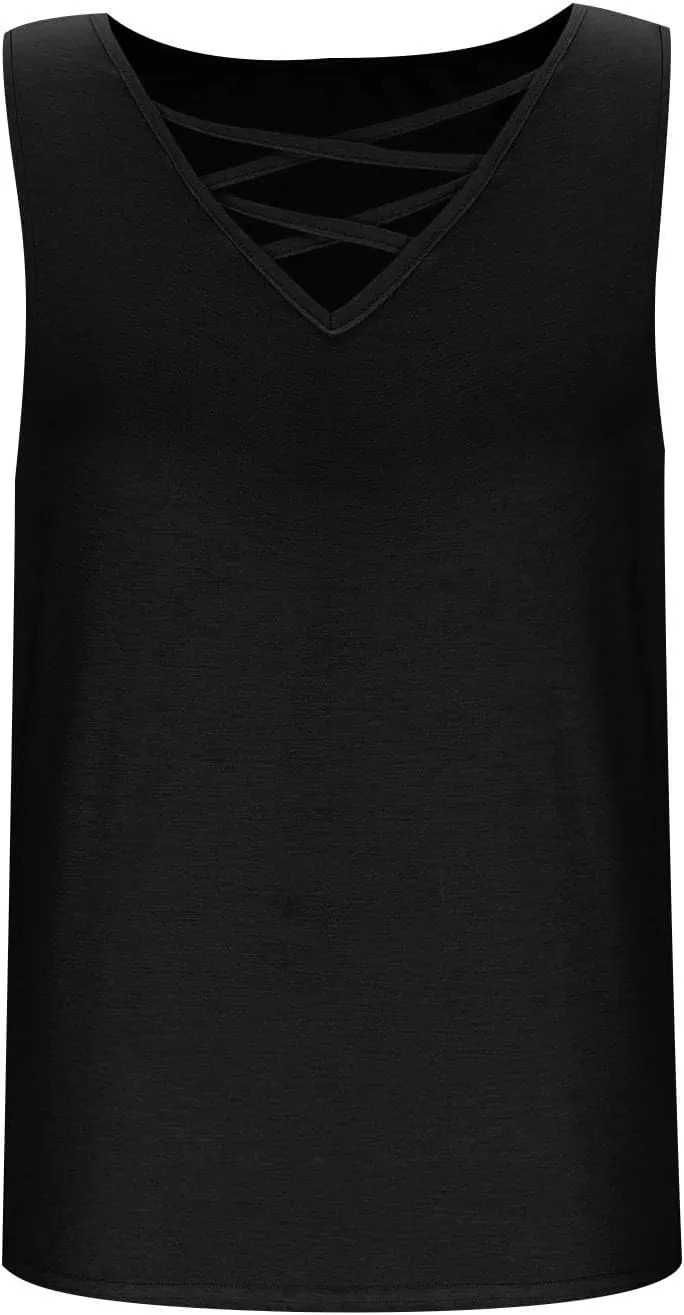 Womens Criss Cross V Neck Tank Tops Summer Sleeveless Tunic Shirts Casual Basic Tee Shirt Loose Fit Blouses