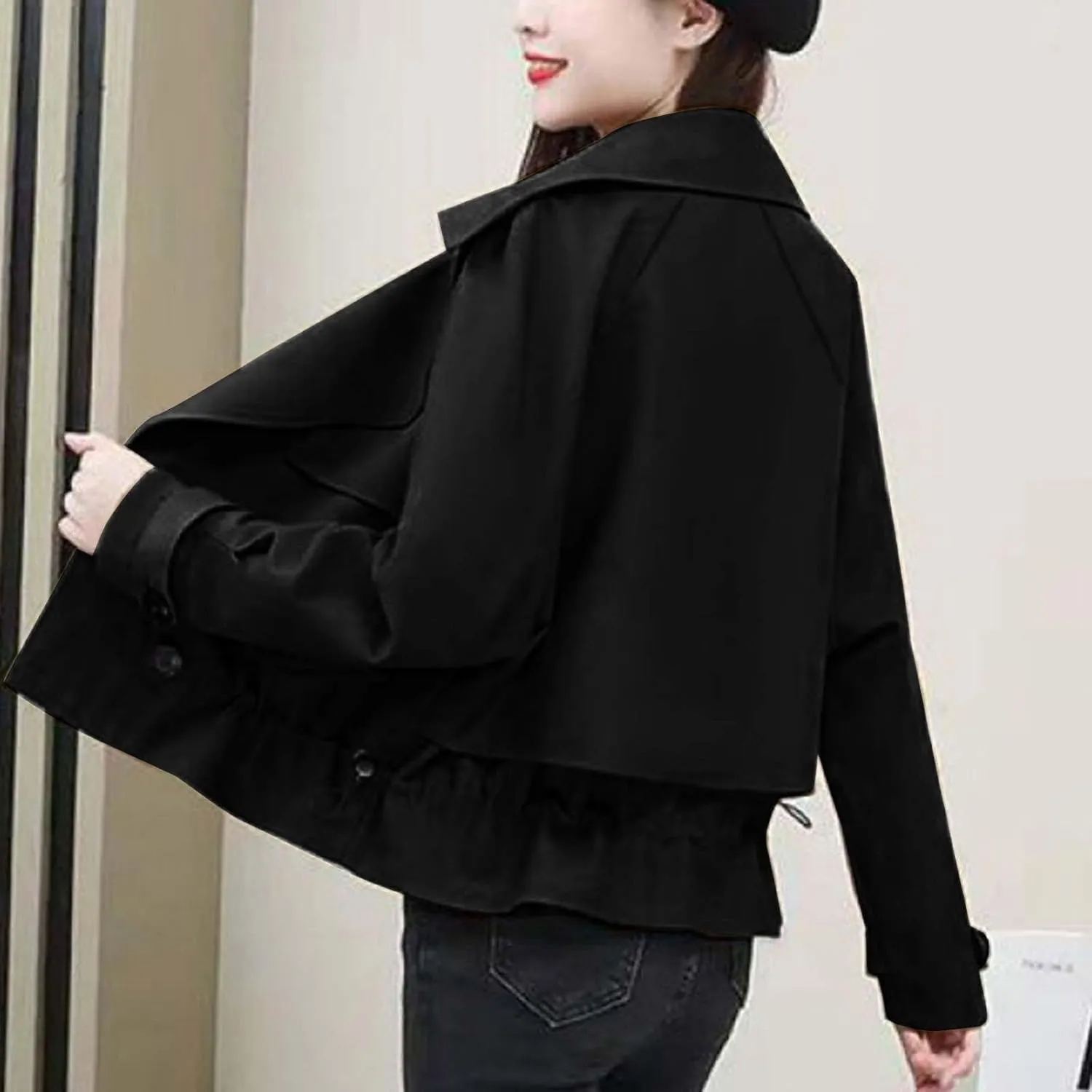 Women's Cropped Trench Coat Casual Double Breasted Oversized Outwear Jacket Long Sleeve Notched Fall Winter Overcoat