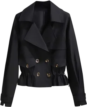 Women's Cropped Trench Coat Casual Double Breasted Oversized Outwear Jacket Long Sleeve Notched Fall Winter Overcoat