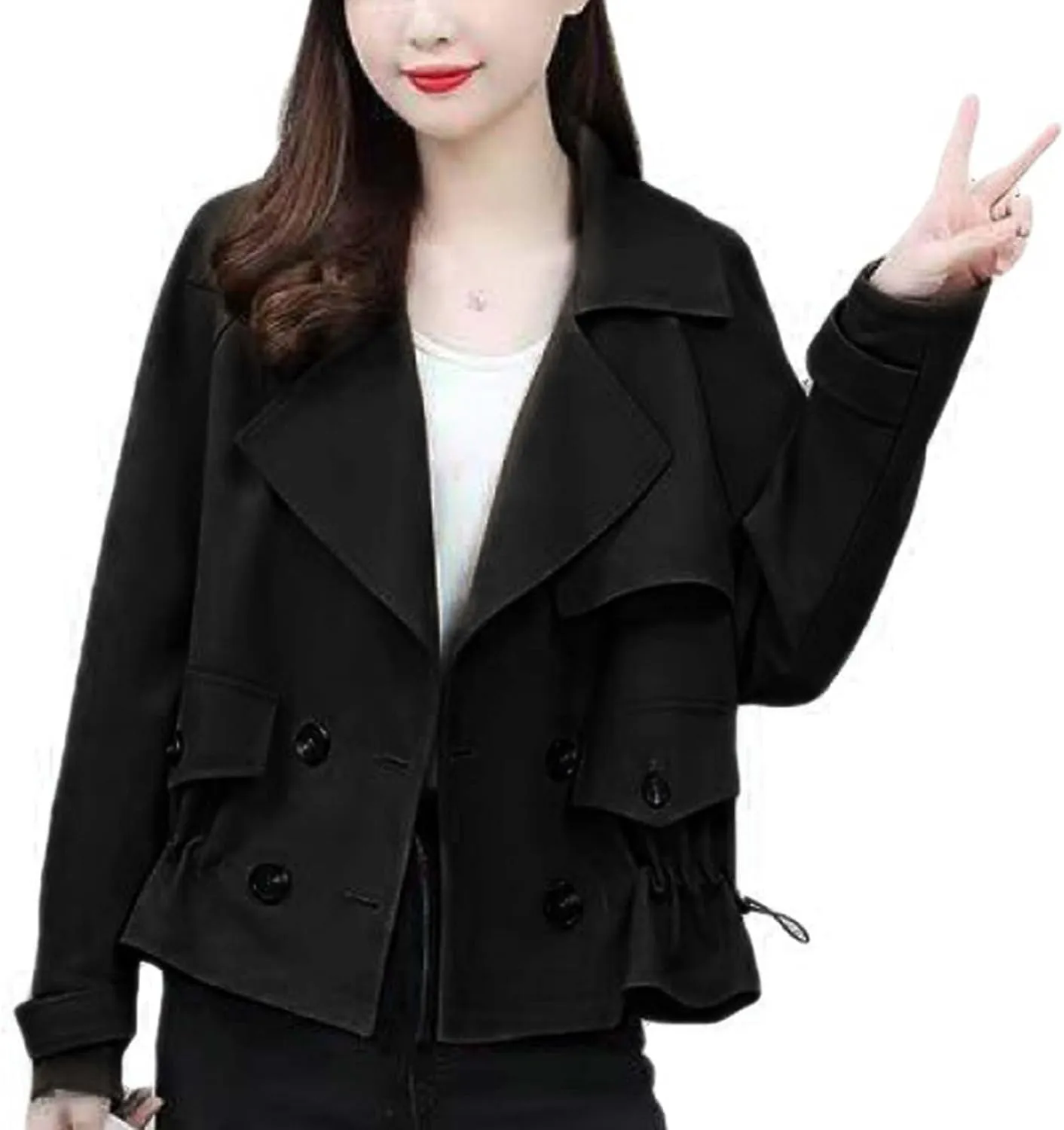 Women's Cropped Trench Coat Casual Double Breasted Oversized Outwear Jacket Long Sleeve Notched Fall Winter Overcoat