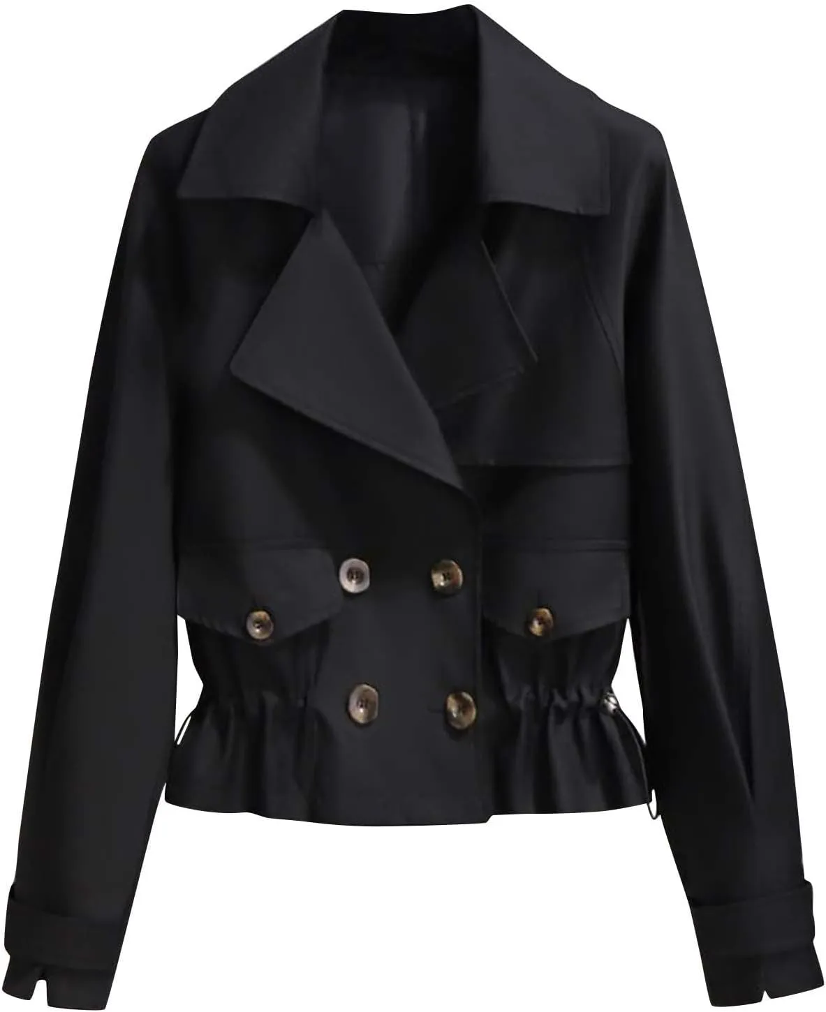 Women's Cropped Trench Coat Casual Double Breasted Oversized Outwear Jacket Long Sleeve Notched Fall Winter Overcoat